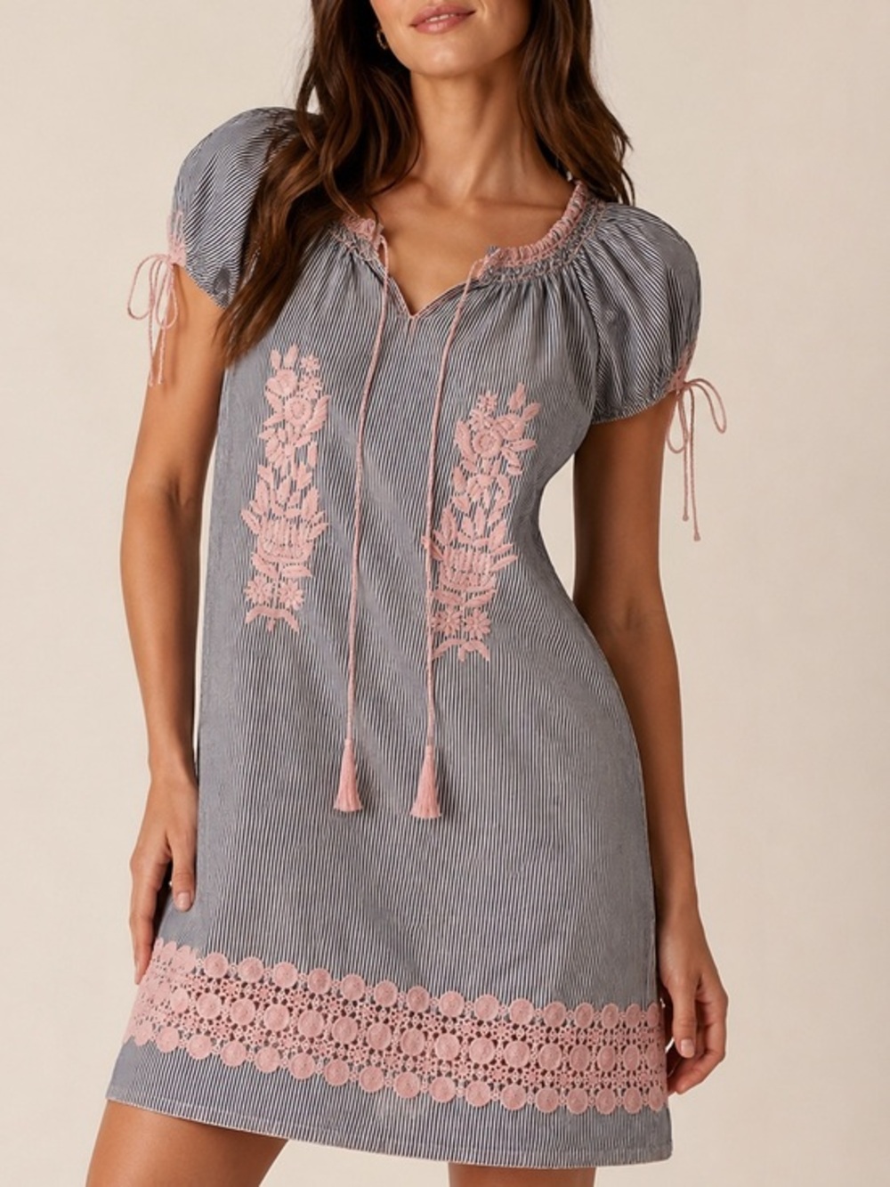 Rose and Rose 100% Cotton Embroidered Mini Dress Size S White Blue Pink Tassels